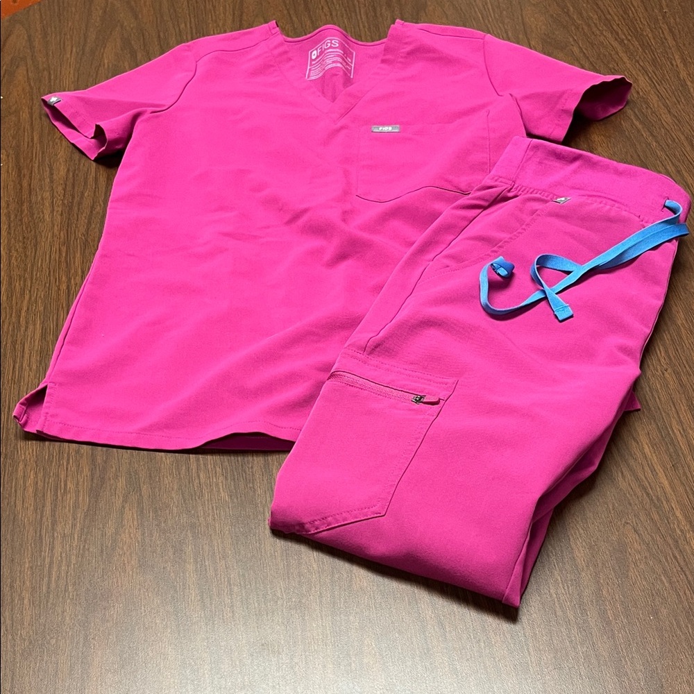 Figs Women's Scrub Set in Bright Pink with Blue Drawstring